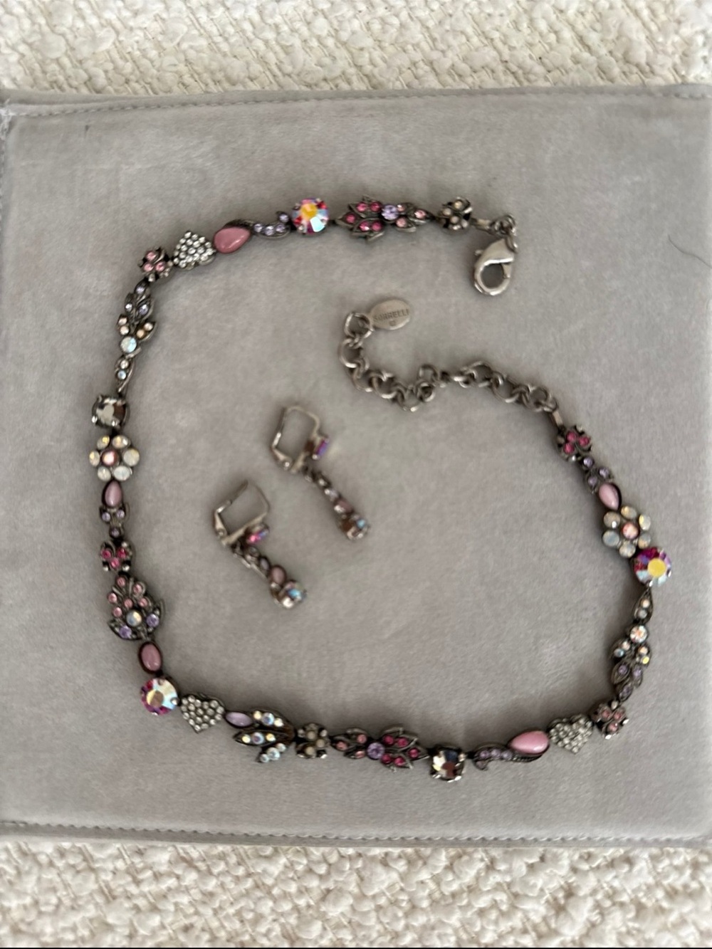Sorrelli Crystal Statement Necklace & Earrings Set Pink Aurora Borealis Floral